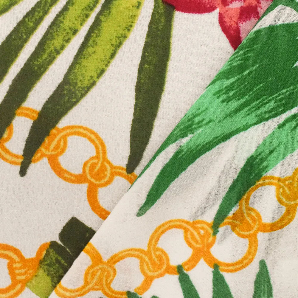 4 1/8 YD PC-White-Green-Multi Floral And Chain Printed Poly Chiffon Woven Fabric