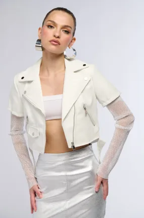 ACEROLA BLING RHINESTONE SLEEVE MOTO JACKET IN WHITE