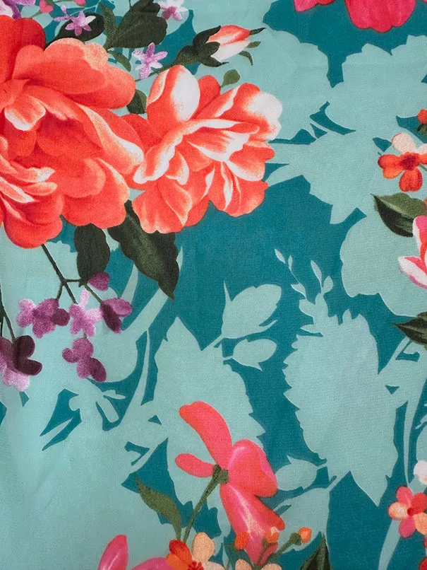 Aqua Multi Floral Print Poly Chiffon Fabric