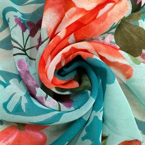 Aqua Multi Floral Print Poly Chiffon Fabric