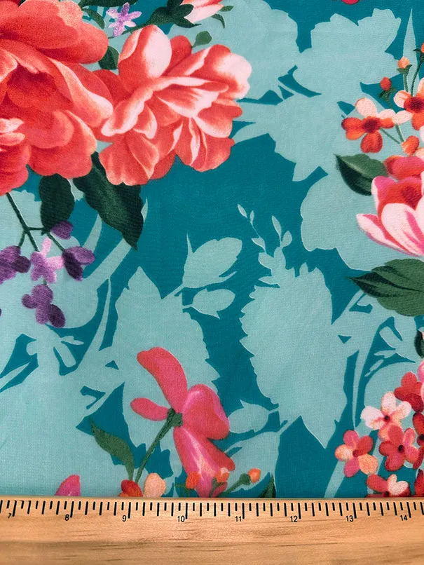 Aqua Multi Floral Print Poly Chiffon Fabric