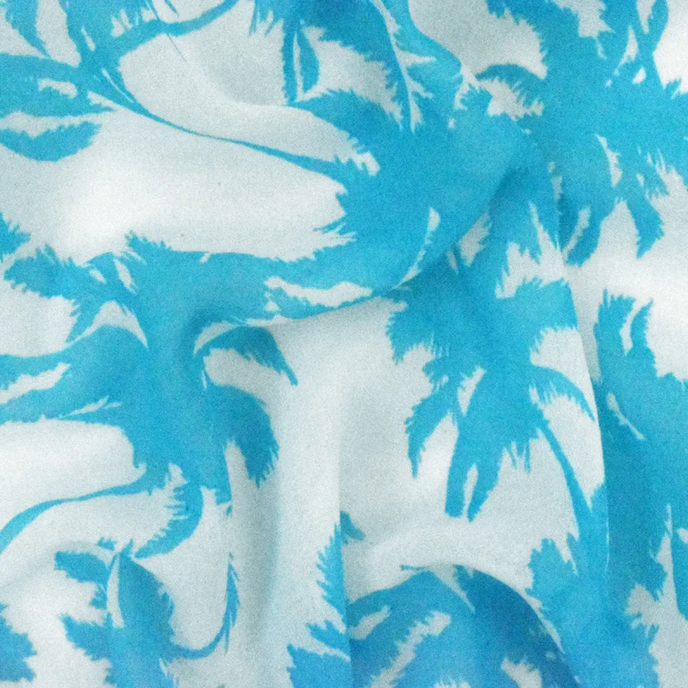 Aquatic Teal-Ivory Palm Tree Printed Crepe Chiffon Fabric