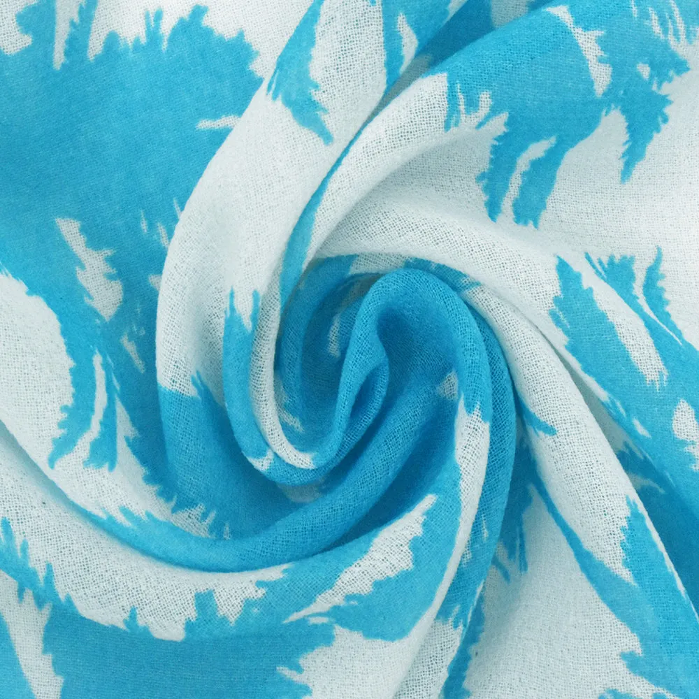 Aquatic Teal-Ivory Palm Tree Printed Crepe Chiffon Fabric