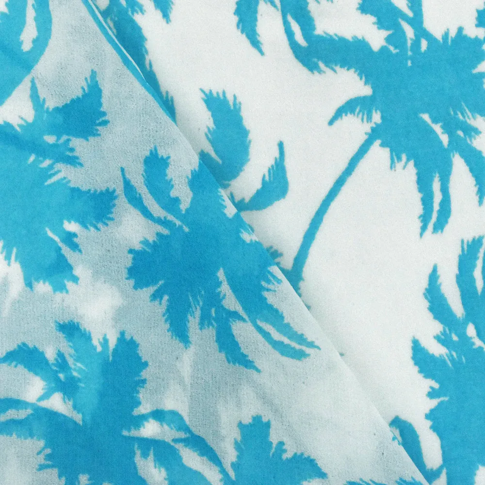 Aquatic Teal-Ivory Palm Tree Printed Crepe Chiffon Fabric