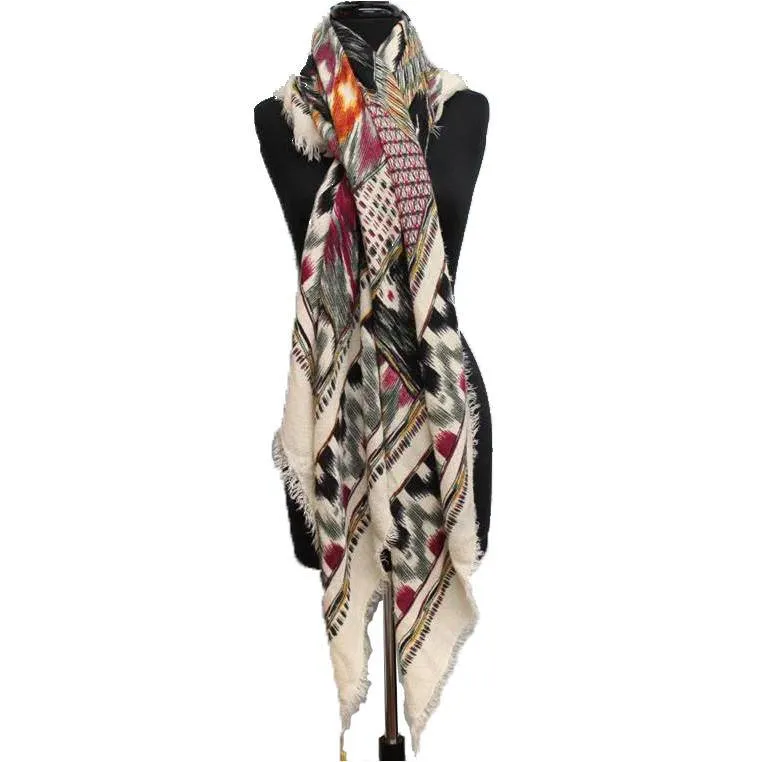 Aztec Oversized Scarf - Ivory with Berry