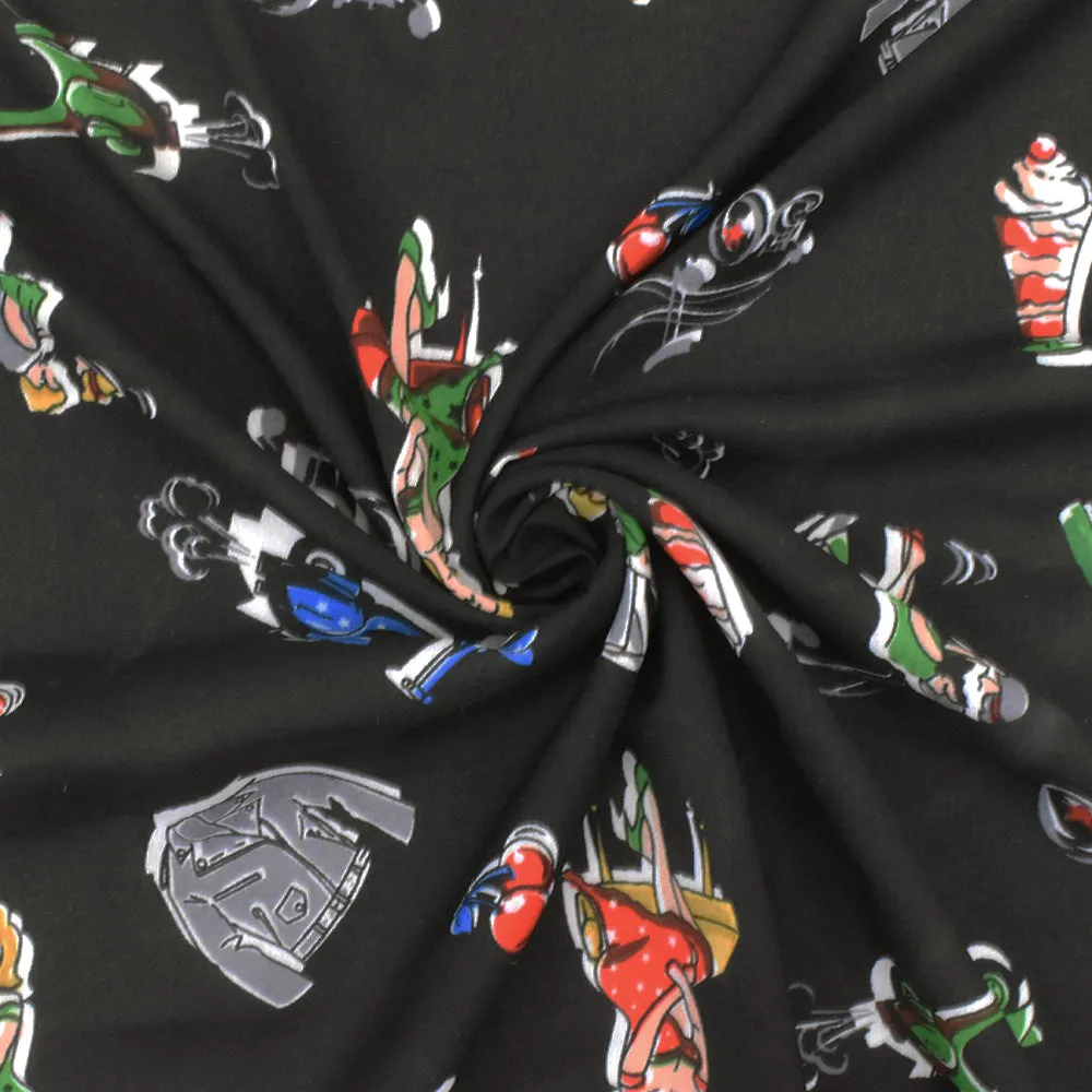 Basic Black-White-Multi Fashion Cartoon Printed Chiffon Woven Fabric