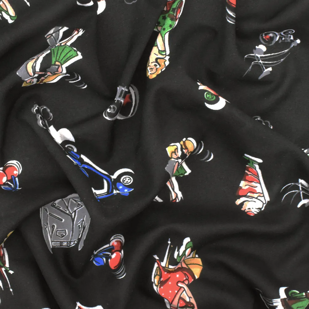 Basic Black-White-Multi Fashion Cartoon Printed Chiffon Woven Fabric