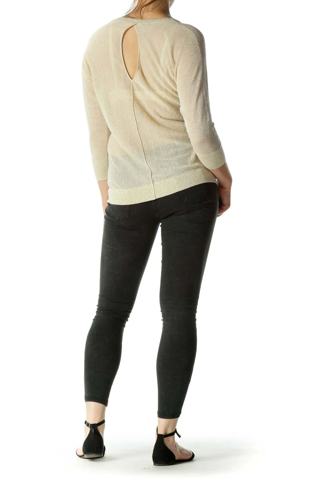 Beige & Gold Keyhole Back Knit Top