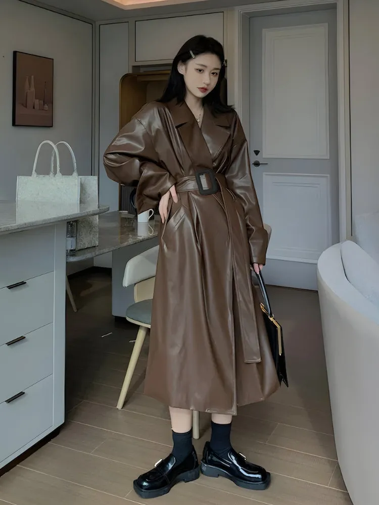 Belted Faux Leather Coat