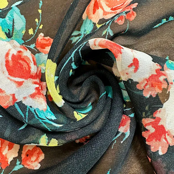 Black Floral Print Poly Chiffon Fabric