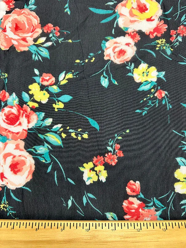 Black Floral Print Poly Chiffon Fabric