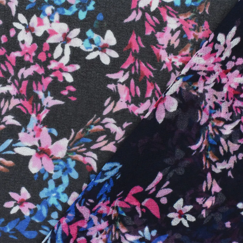 Black-Pink-Multi Floral Printed Poly Chiffon Woven Fabric