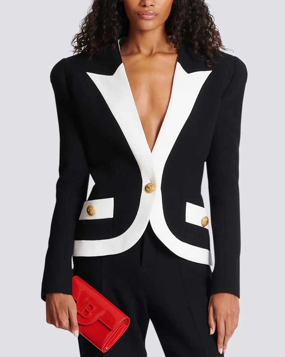 Black Two Tone Single Button Crepe Jacket