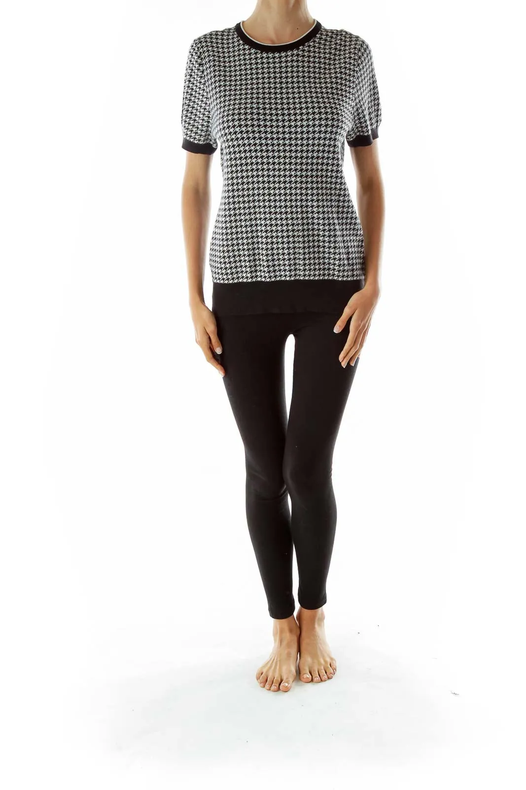 Black White Houndstooth Print Knit