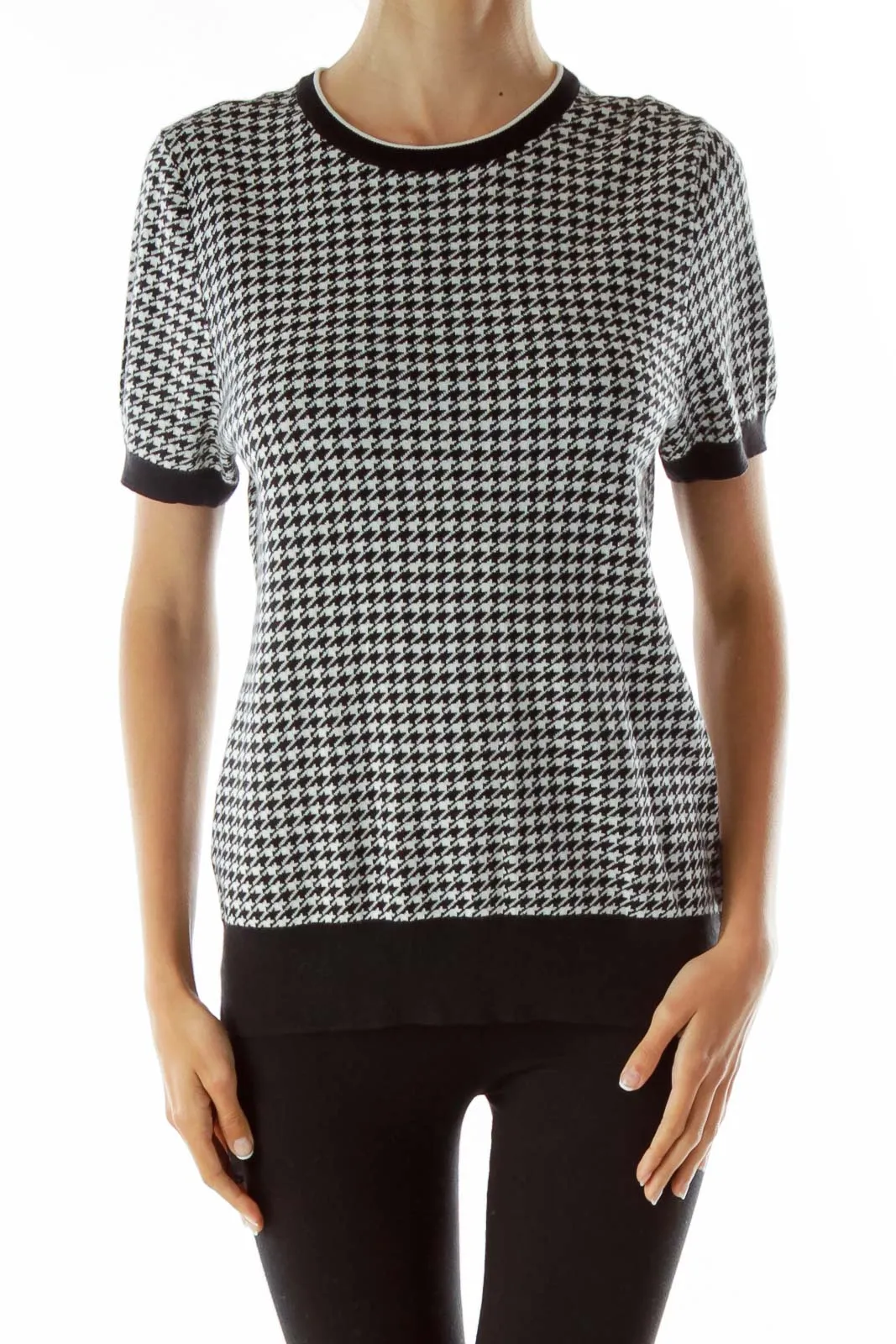 Black White Houndstooth Print Knit