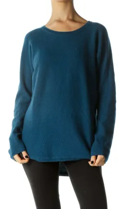 Blue 100% Cashmere Round Neck Long Sleeve Knit Top