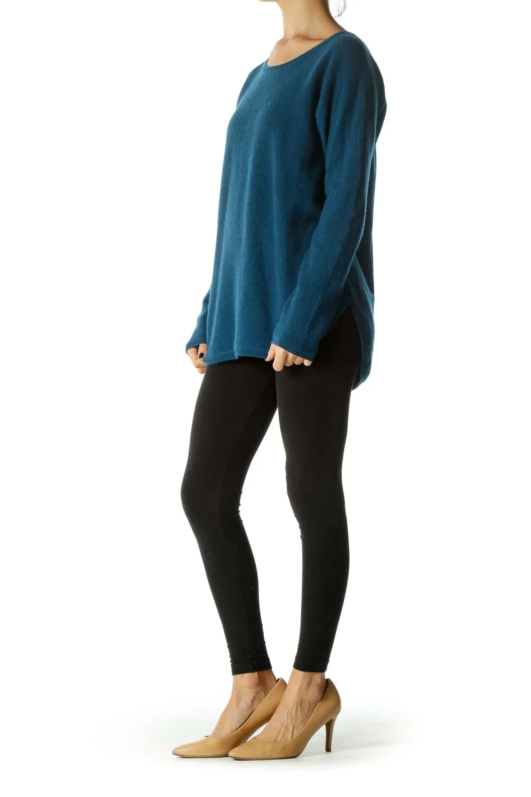 Blue 100% Cashmere Round Neck Long Sleeve Knit Top