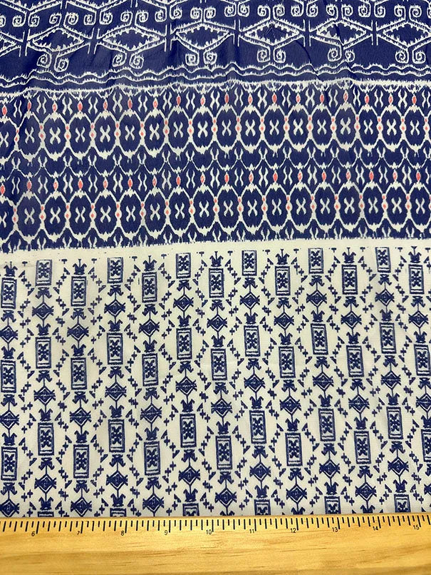 Blue and White Tribal Poly Print Chiffon Fabric