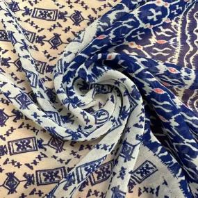 Blue and White Tribal Poly Print Chiffon Fabric