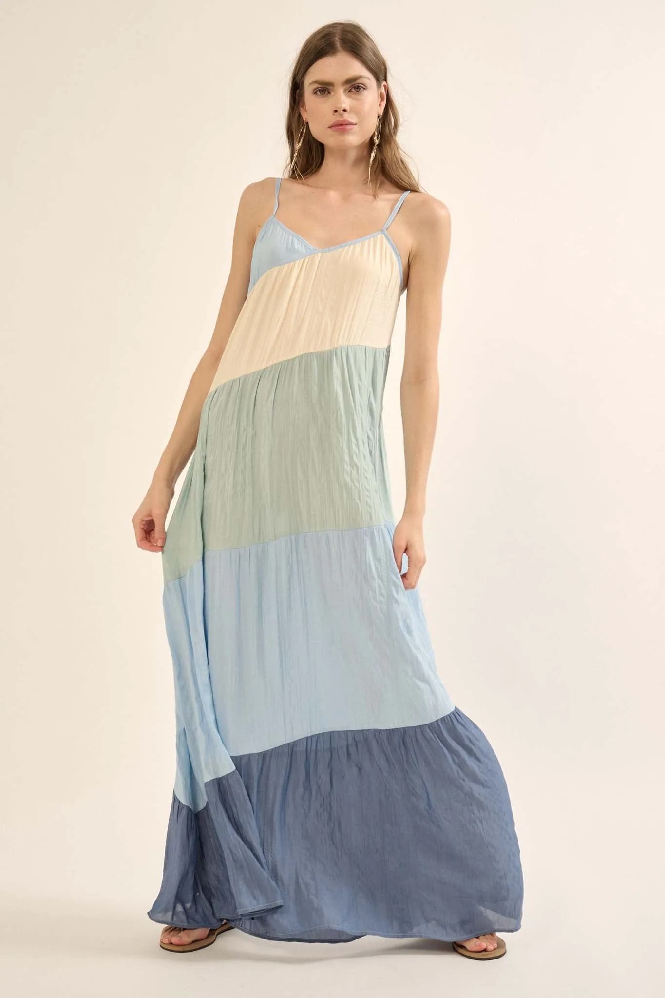 Buena Vista Colorblock Satin Tiered Maxi Dress