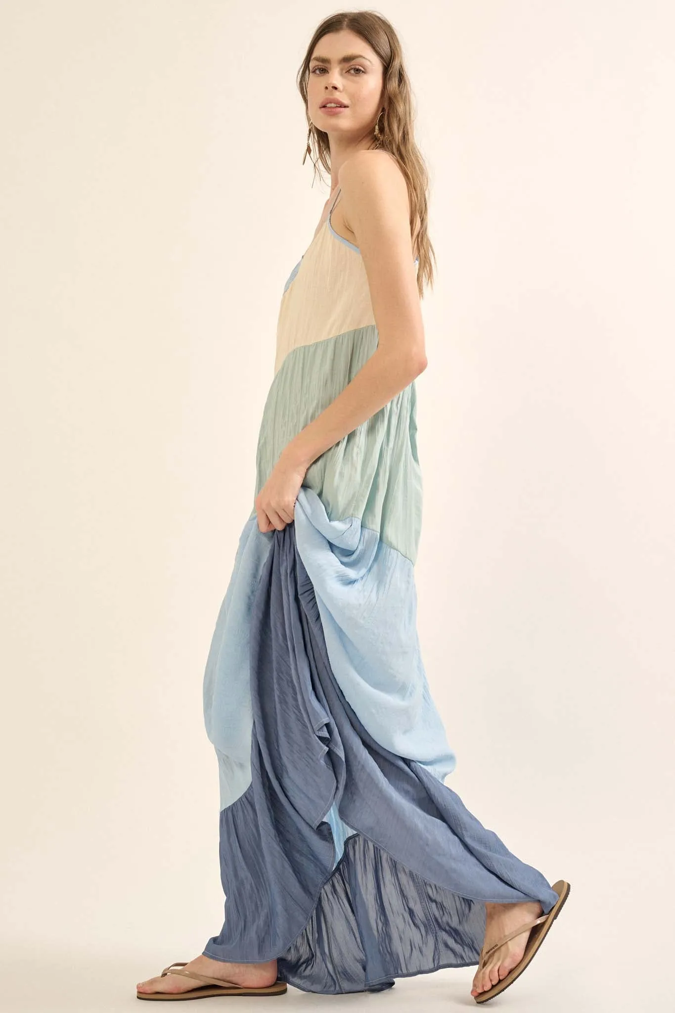 Buena Vista Colorblock Satin Tiered Maxi Dress