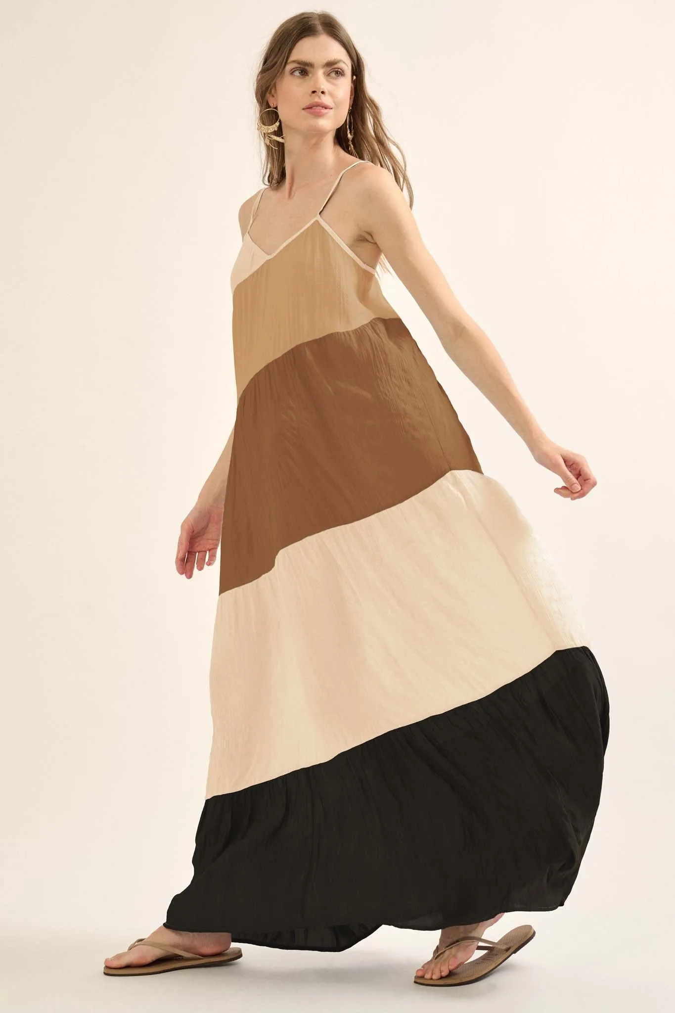 Buena Vista Colorblock Satin Tiered Maxi Dress