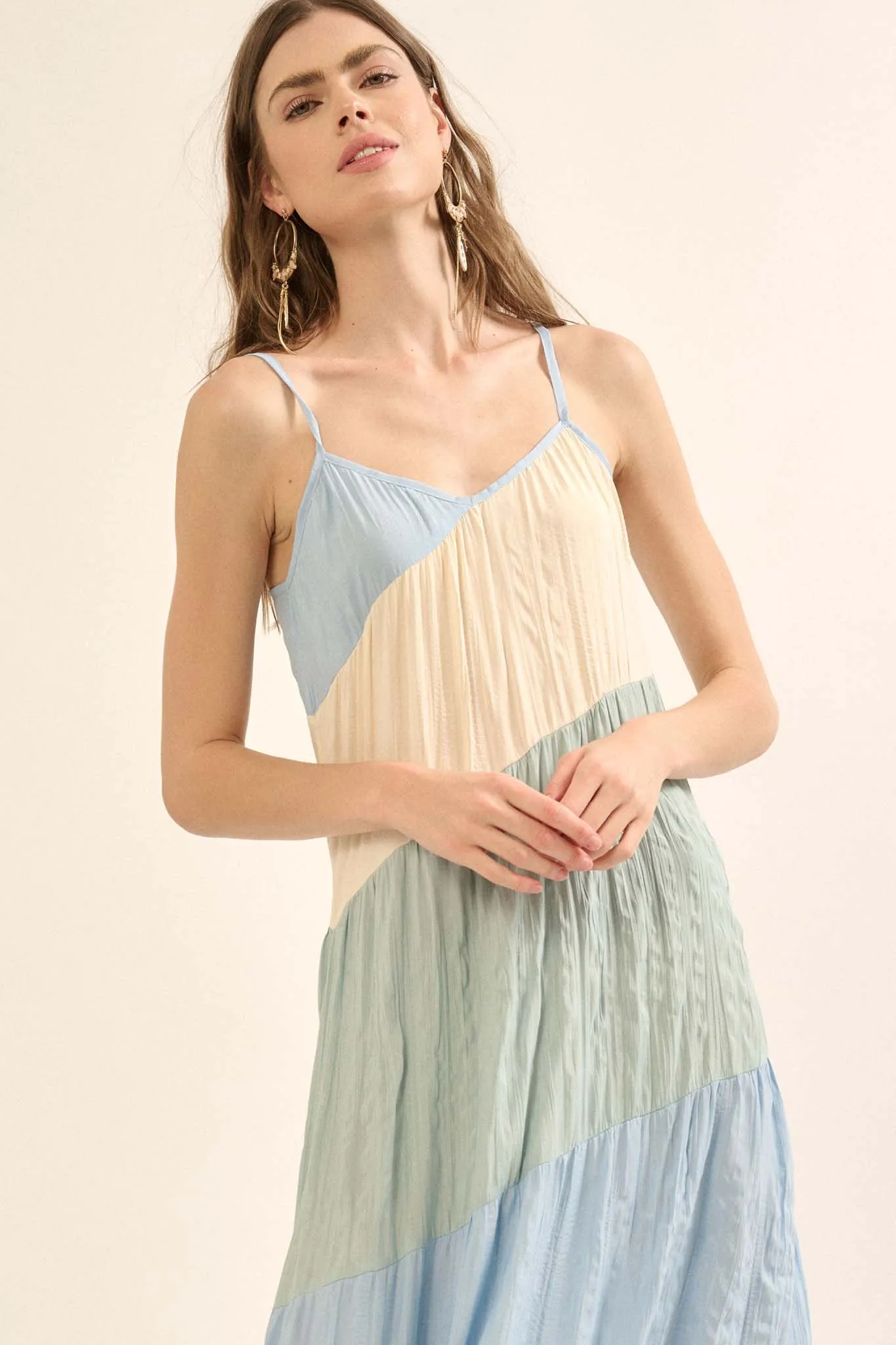 Buena Vista Colorblock Satin Tiered Maxi Dress