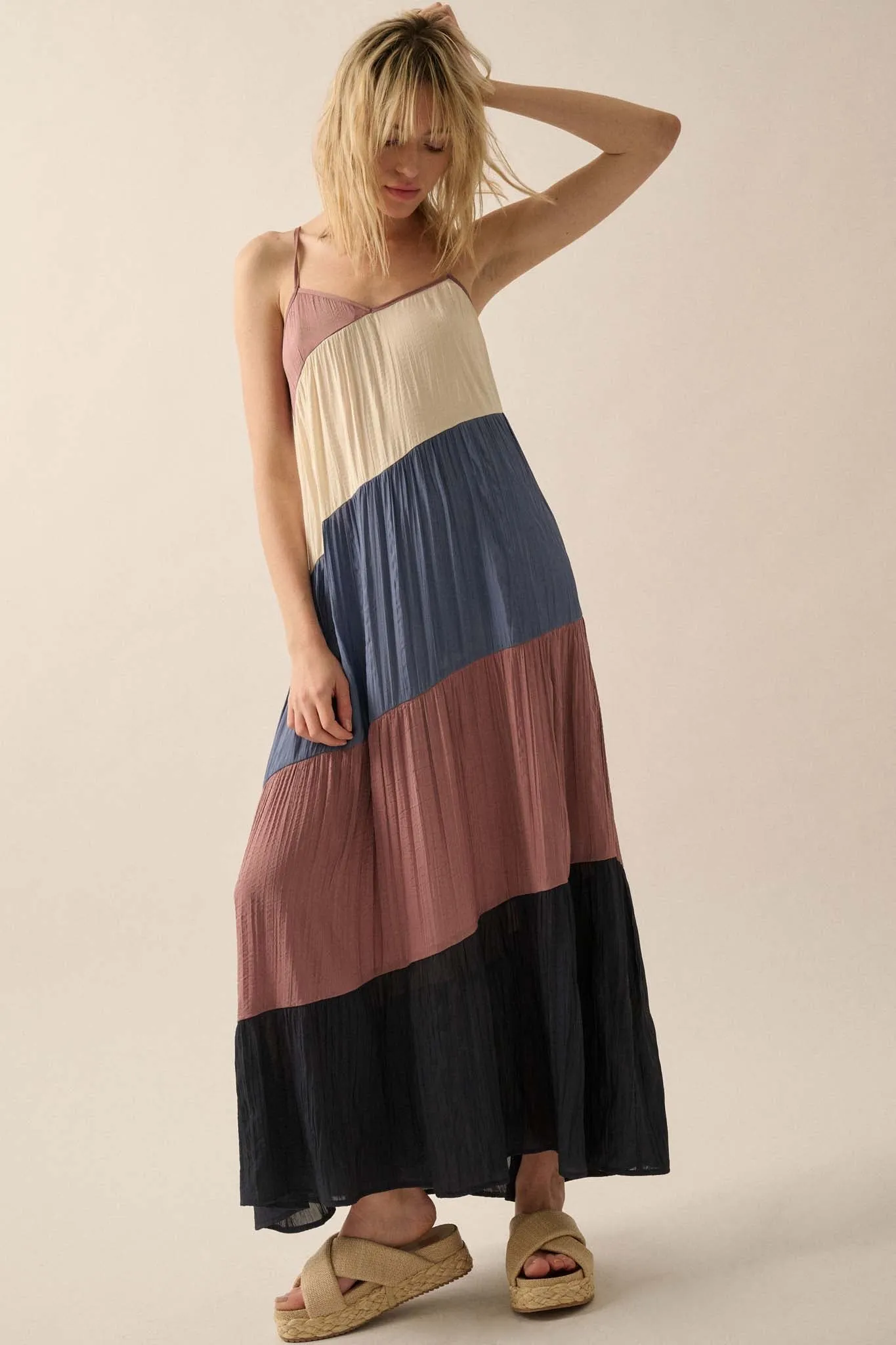 Buena Vista Colorblock Satin Tiered Maxi Dress