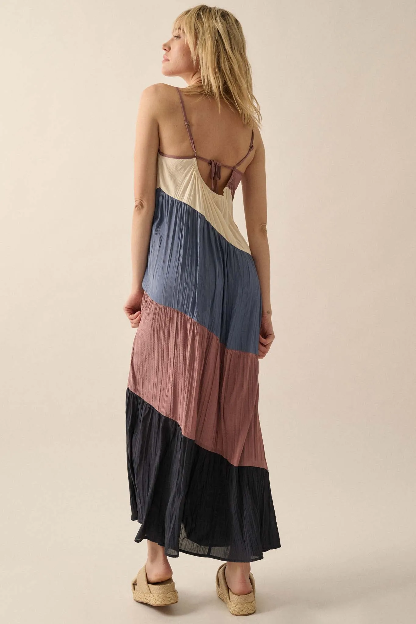 Buena Vista Colorblock Satin Tiered Maxi Dress