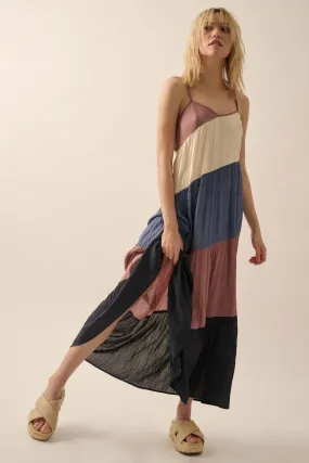 Buena Vista Colorblock Satin Tiered Maxi Dress