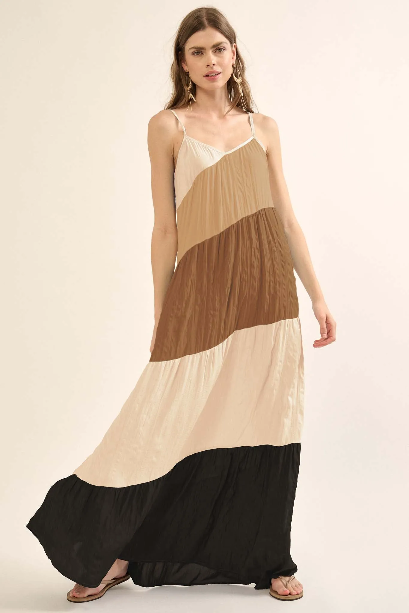 Buena Vista Colorblock Satin Tiered Maxi Dress