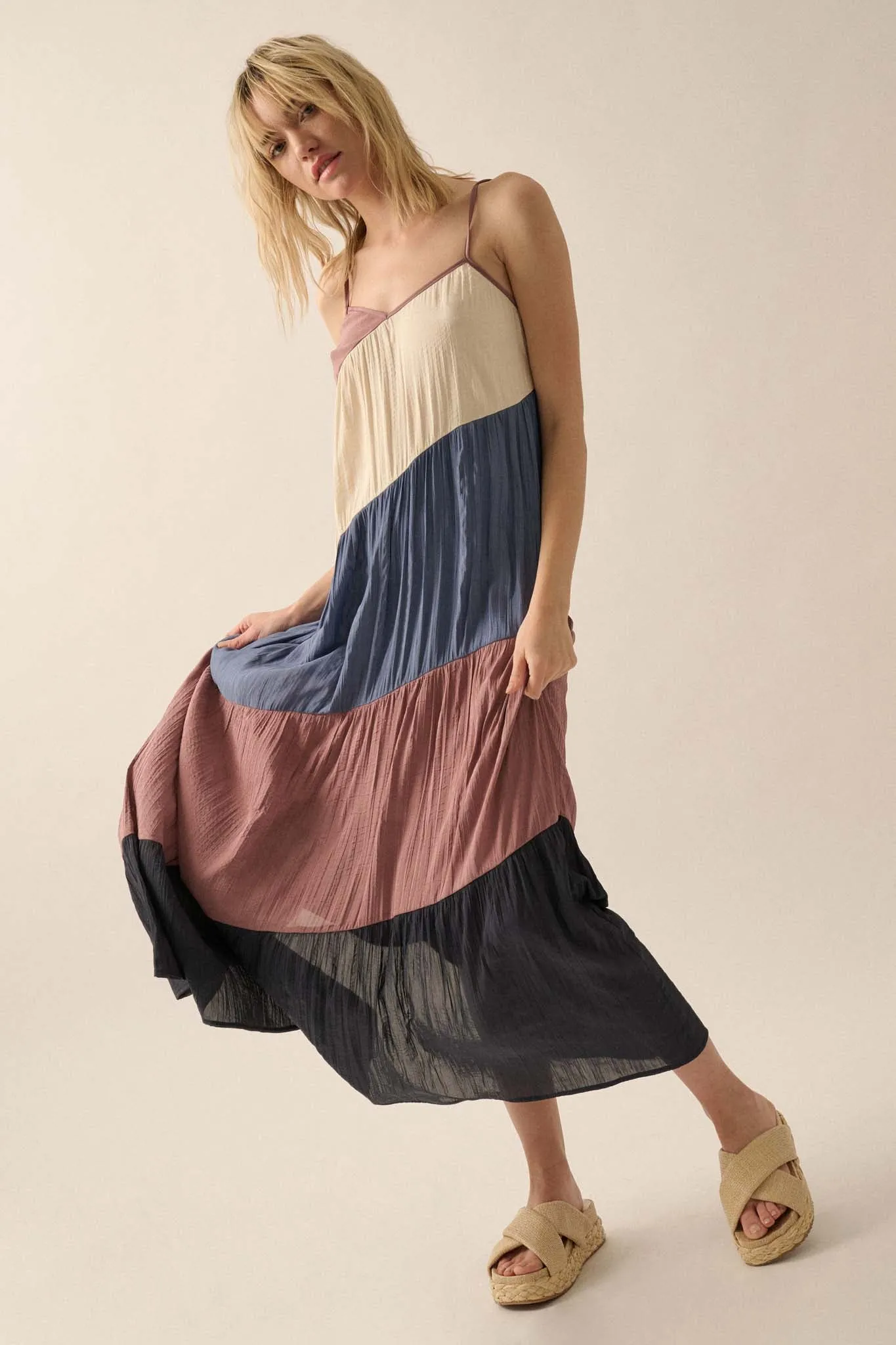 Buena Vista Colorblock Satin Tiered Maxi Dress