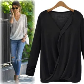 Chiffon Patchwork Ruches V-neck Long Sleeves Fashion Blouse