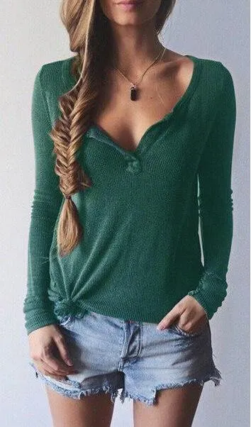 Clearance Ribbed Knit V-neck Pure Color Long Sleeves Sweater