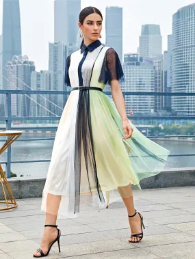 Colorblock Button Front Short Sleeve Collar Flared High Waist Long Dress