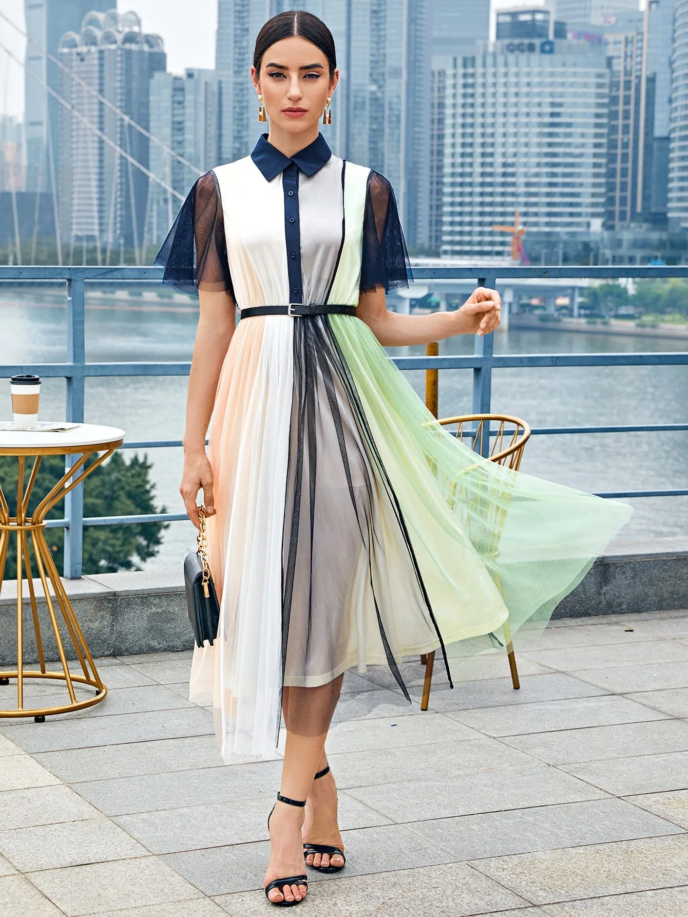 Colorblock Button Front Short Sleeve Collar Flared High Waist Long Dress