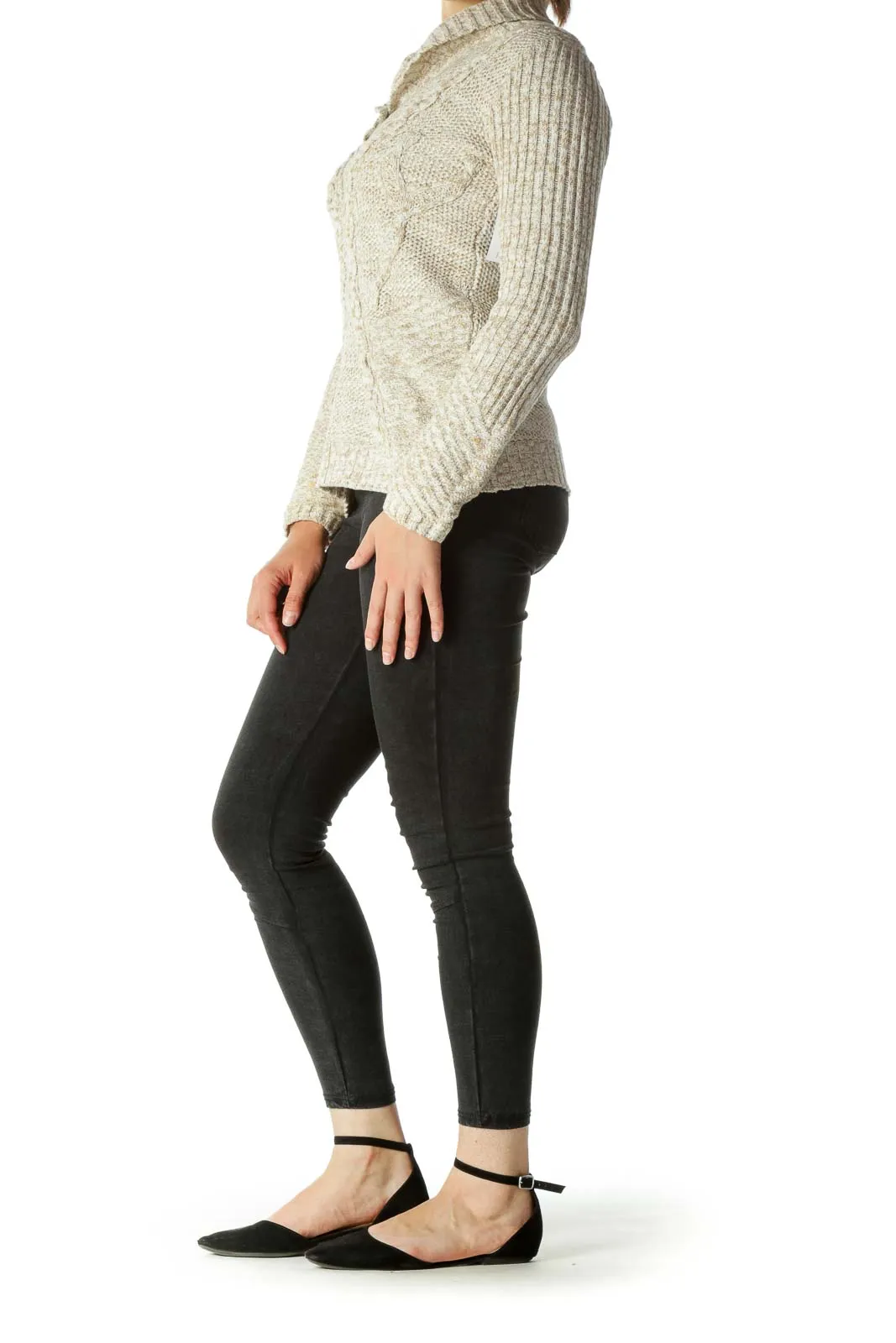 Cream Shawl Collar Cable Knit Top