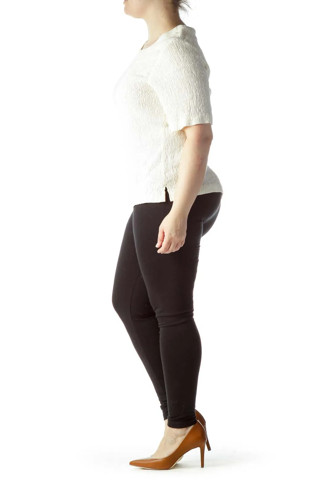 Cream Textured Knit Stretch Top