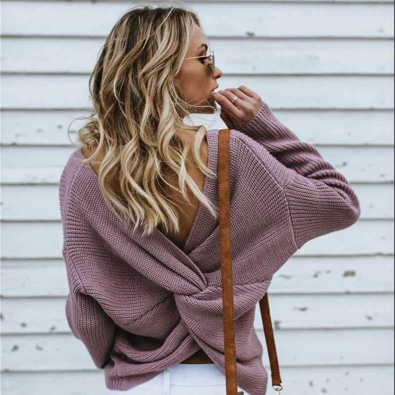 Crewneck Knit Open Back Pullover Sweater