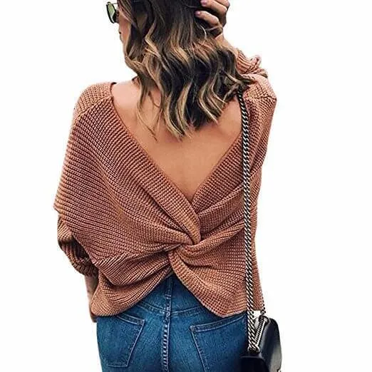 Crewneck Knit Open Back Pullover Sweater