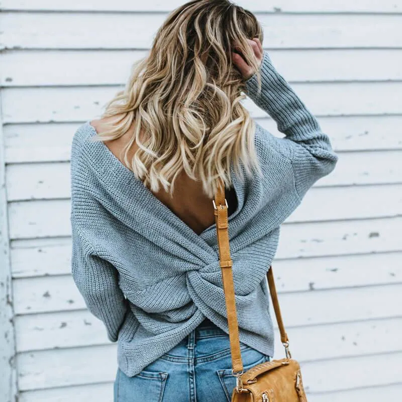 Crewneck Knit Open Back Pullover Sweater