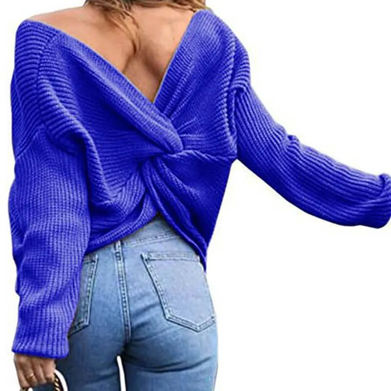 Crewneck Knit Open Back Pullover Sweater