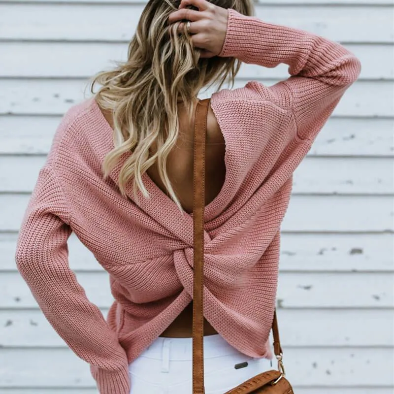 Crewneck Knit Open Back Pullover Sweater