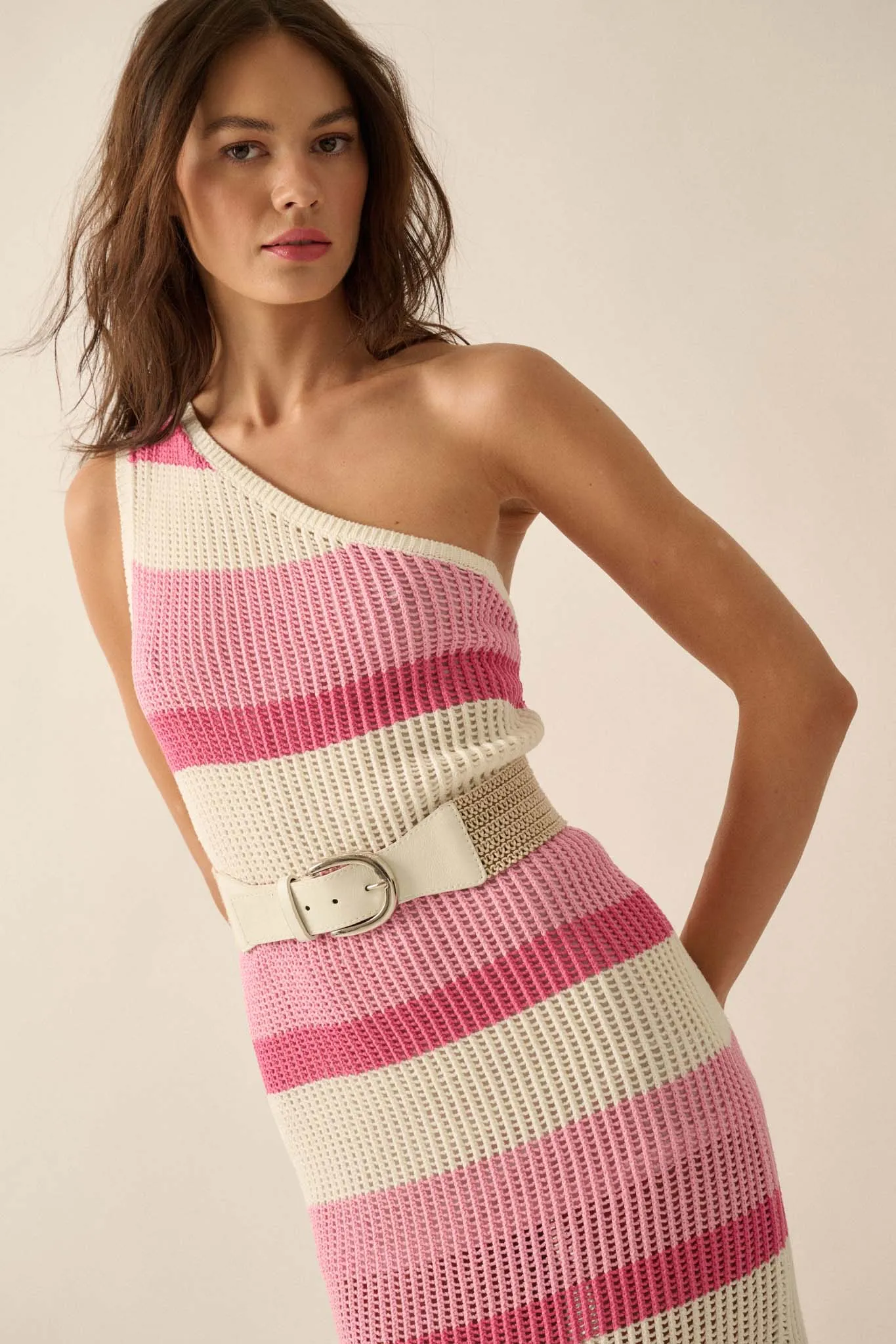 Crochet Bae Striped Knit Asymmetrical Midi Dress