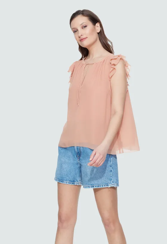 DBT Peach Chiffon Flutter Blouse