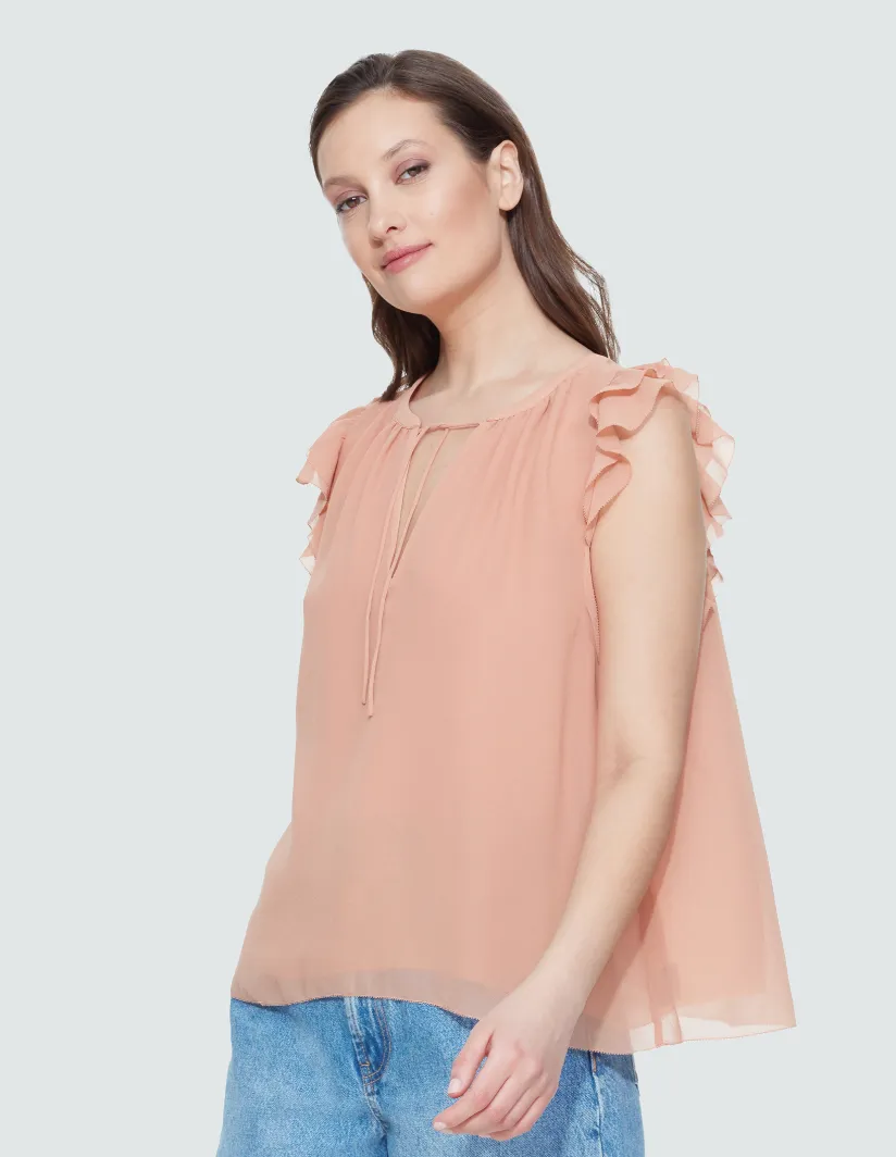 DBT Peach Chiffon Flutter Blouse