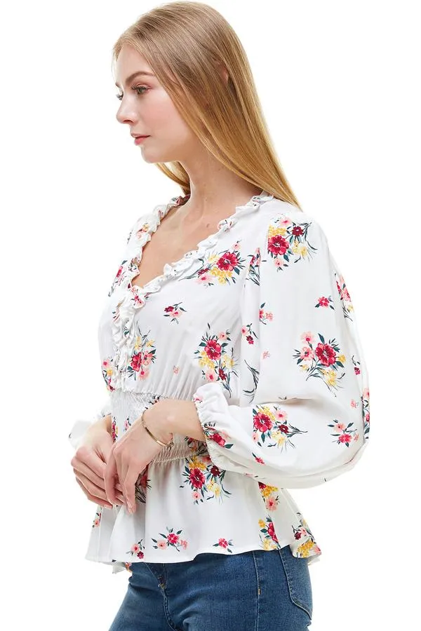 Ditsy Floral Ruffle Trim Smocked Waist Blouse