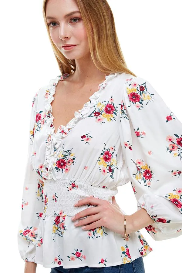 Ditsy Floral Ruffle Trim Smocked Waist Blouse