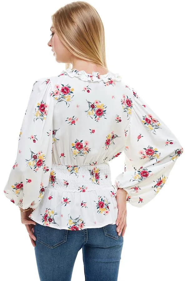 Ditsy Floral Ruffle Trim Smocked Waist Blouse