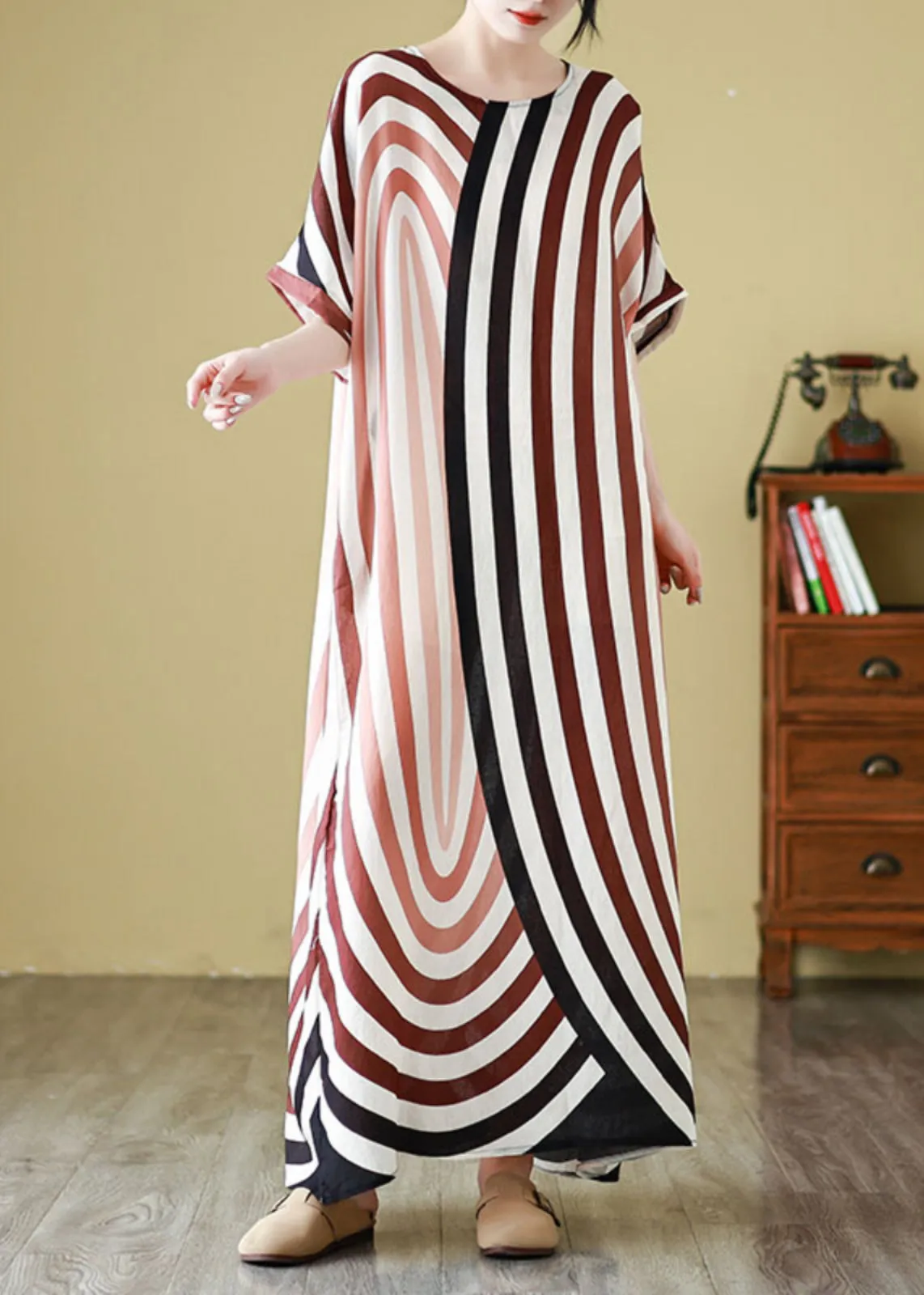 Diy Colorblock Oversized Striped Cotton Robe Dresses Summer YY024